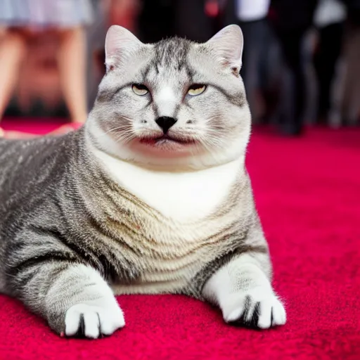 Prompt: a chonky cat, 1 0 5 mm photography, laying on a red carpet