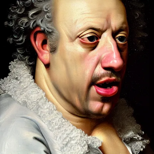 Image similar to A 17th century Baroque Painting of Gene Ween, grainy, realistic, hyperrealistic, very realistic, very very realistic, highly detailed, very detailed, extremely detailed, detailed, digital art, trending on artstation, detailed face, very detailed face, very detailed face, realism, HD Quality, 8k resolution, intricate details, body and head in frame, painting, oil painting, trending on deviantart, Baroque Painting