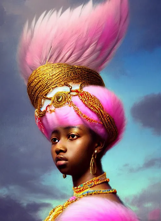 Image similar to stunning african godess princess, detailed pink and white feathers head peace against a black backdrop by ivan aivazovsky, 3 / 4 view portrait, wlop, super sharp details, photorealism, canon 5 d, 5 0 mm lens, stunning photoshot, beautiful soft lighting, muted colours, artstation