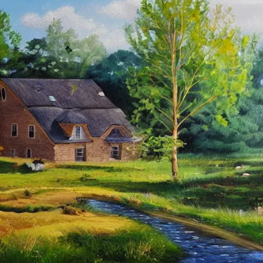 Prompt: house in the countryside on a sunny day, forest, realistic, detailed, peaceful, brush strokes, oil painting