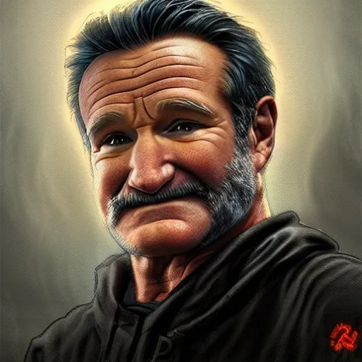 Image similar to Very very very very highly detailed epic photo of Robin Williams, intricate, dystopian, sci-fi, extremely detailed, digital painting, artstation, concept art, smooth, sharp focus, illustration, intimidating lighting, incredible art by Artgerm and Vincent di Fate