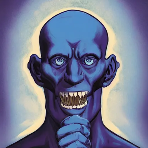 Image similar to prussian blue by tomer hanuka imposing, sigma 8 5 mm f / 1. 4. a beautiful body art of a giant head. the head is bald & has a big nose. the eyes are wide open & have a crazy look. the mouth is open & has sharp teeth. the neck is long & thin.