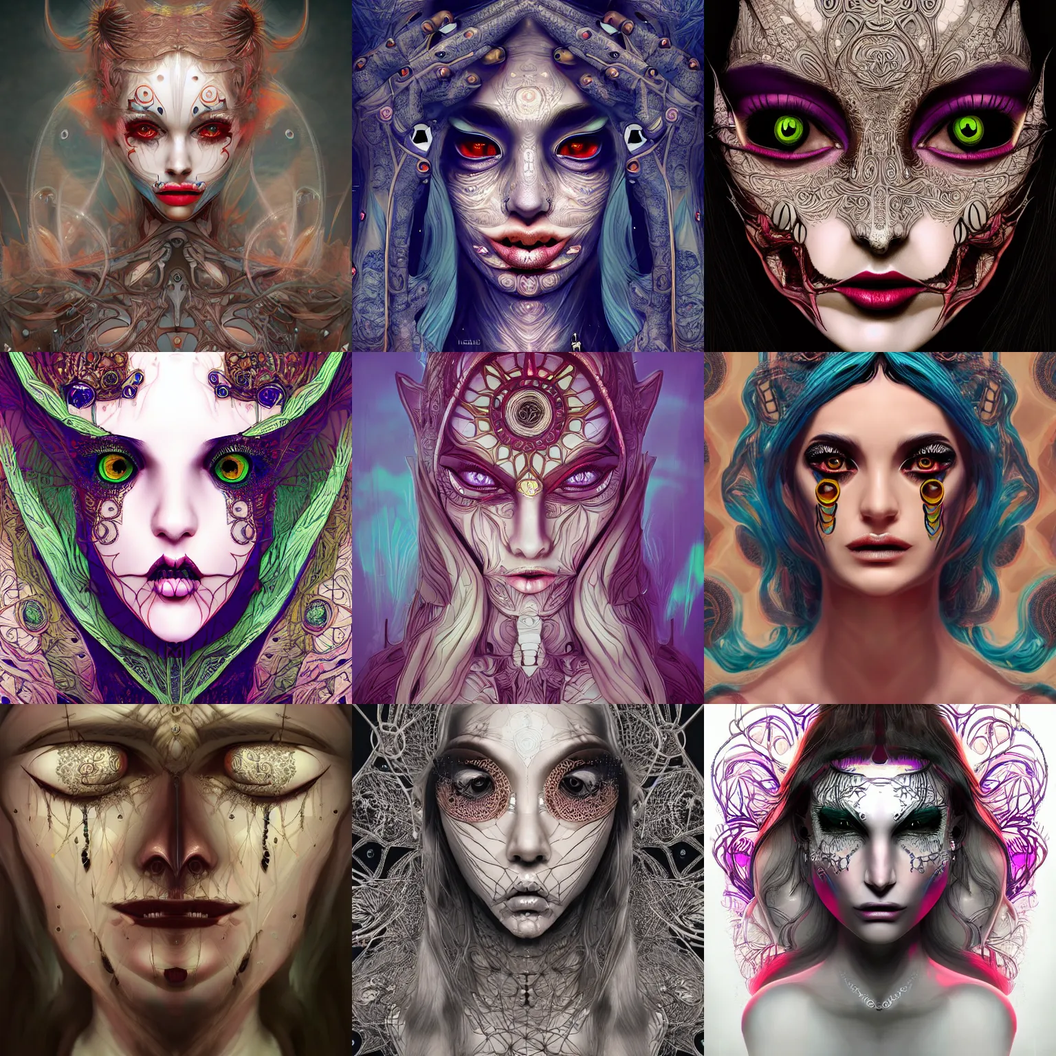 Prompt: Concept art of woman with many eyes, intricate details, fashion, studio lighting, monstergirl, beautiful, perfect symmetry, psychedelic, uncanny, seductive, scary, 4K digital art, trending on artstation