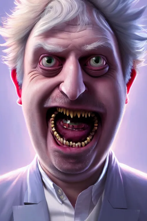 Image similar to Boris Johnson as a kind smiling Rick Sanchez from Rick and Morty, unibrow, white robe, big eyes, realistic portrait, symmetrical, highly detailed, digital painting, artstation, concept art, smooth, sharp focus, illustration, cinematic lighting, art by artgerm and greg rutkowski and alphonse mucha