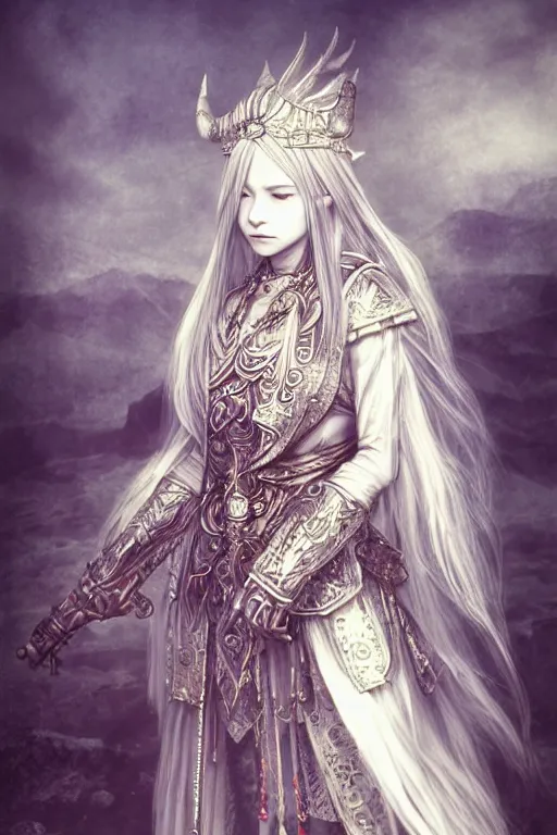 Prompt: A full body portrait of a female priestess with long silver hair by Akihiko Yoshida, fantasy, very detailed, matte, gaussian blur, tone mapping