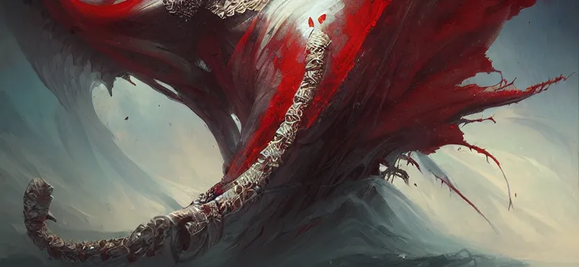 Image similar to sacred vampire, red sea, sword attack, epic, acanthus scroll, ceremonial clouds, dripping paint, fibonacci rhythm, artstation, art germ, wlop, karol bak, christopher balaskas, ross tran