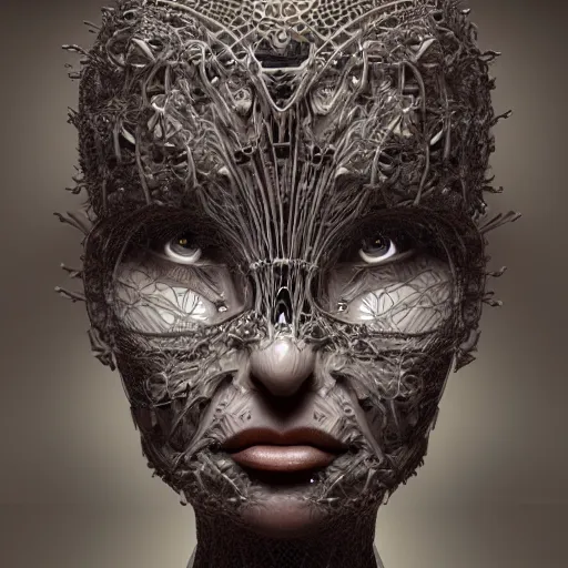 Image similar to beatifull frontal face portrait of a woman, biomechanical sculpture, mandelbrot fractal, intricate, elegant, highly detailed, ornate, elegant , luxury, beautifully lit, ray trace, octane render in the style of Gerald Brom and James gurney