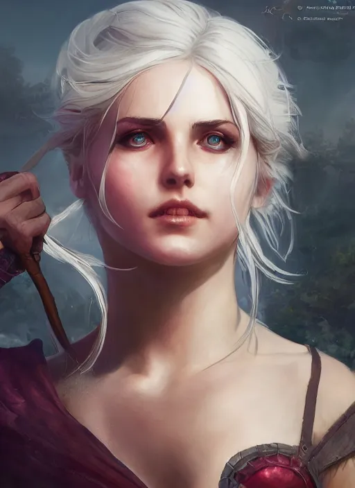 Image similar to ciri, from league of legends, hyper detailed, digital art, trending in artstation, cinematic lighting, studio quality, smooth render, fluorescent skin, unreal engine 5 rendered, octane rendered, art style by klimt and nixeu and ian sprigger and wlop and krenz cushart