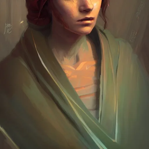 Image similar to portrait of a woman by greg rutkowski, jedi knight jade skywalker, wavy copper hair, jedi robes, star wars expanded universe, she is about 2 0 years old, wearing jedi robes, highly detailed portrait, digital painting, artstation, concept art, smooth, sharp foccus ilustration, artstation hq