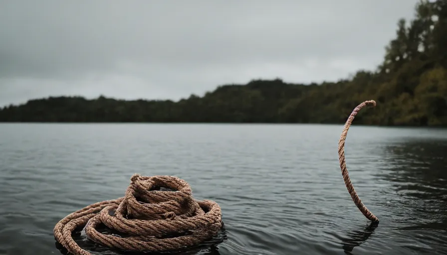 Image similar to rope floating to surface of water in the middle of the lake, overcast lake, 2 4 mm leica anamorphic lens, moody scene, stunning composition, hyper detailed