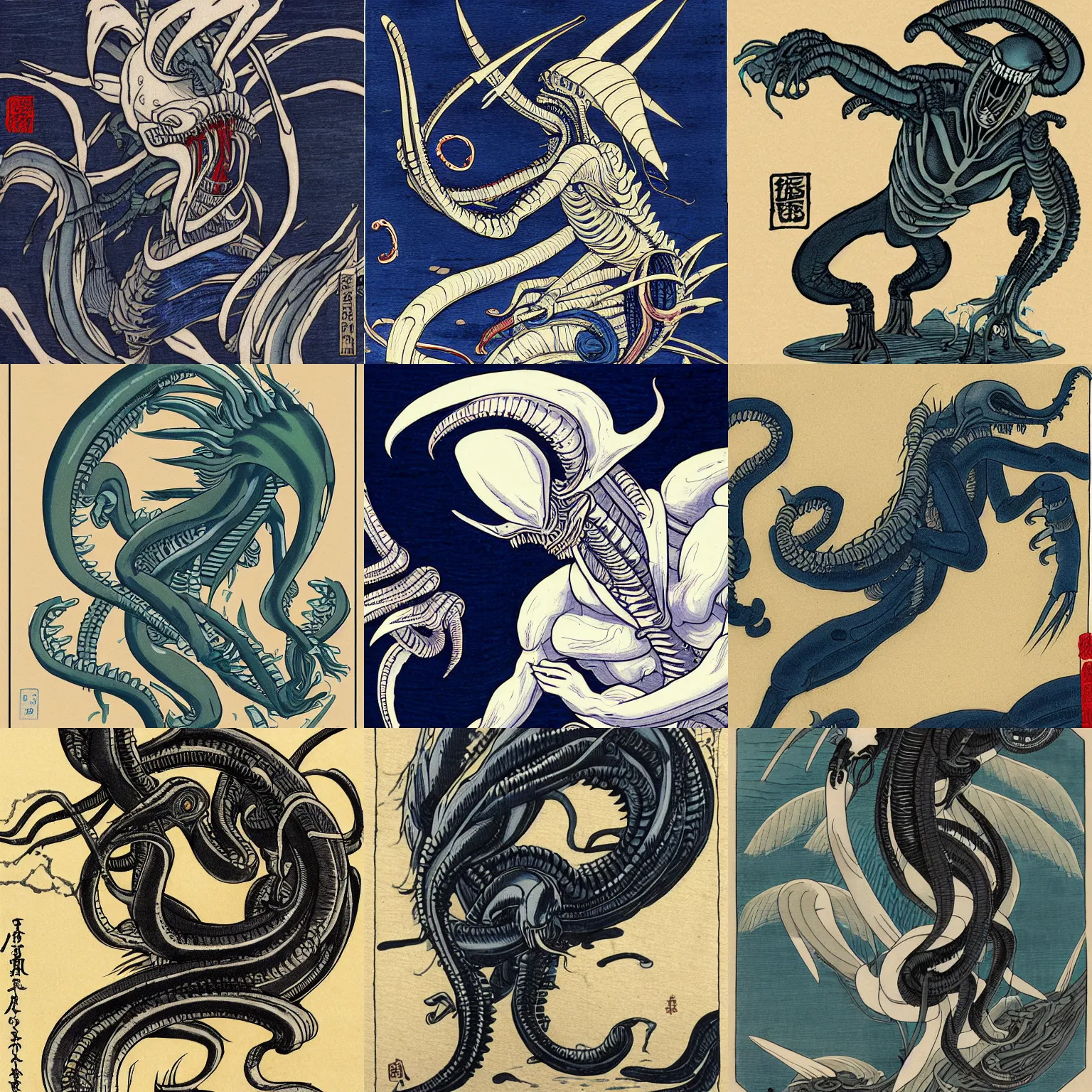 Prompt: xenomorph by hokusai