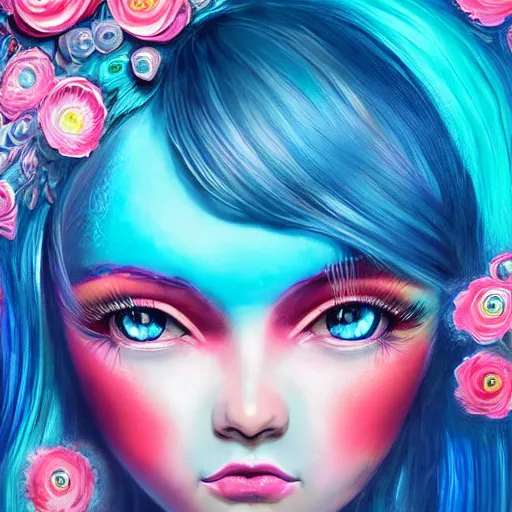 Prompt: intelligent young women with blue hair looking at the camera, she has a beautiful unconventional face, she is surrounded by an explosion of flowers in neon pink and blue intricate, elegant, highly detailed, digital painting, artstation, concept art, pop, smooth, sharp focus, illustration, art by mark ryden 3 d 8 k ultra detailed