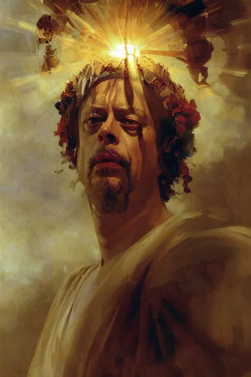 Image similar to beautiful impressionistic oil painting portrait of ancient roman god emperor steve buscemi ascending wearing the civic crown levitating in religious pose, art by anders zorn, wonderful masterpiece by greg rutkowski, expressive brush strokes, beautiful cinematic light, american romanticism by greg manchess, jessica rossier