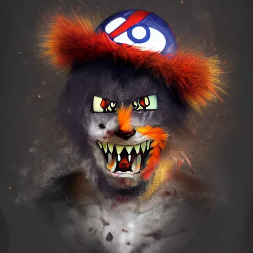 Image similar to scary anime Portrait of horrific Youppi the Habs Montreal Canadiens Mascot as a very dead powerful and violent pokemon, Youppi eating Boston Bruins Bear Logo, lots of blood, highly detailed anime, high evolution, 1990s, haunted shiny legendary, darkness, smooth, sharp focus, dynamic lighting, intricate, trending on ArtStation, stuff of nightmares, illustration pokemon, art by WLOP