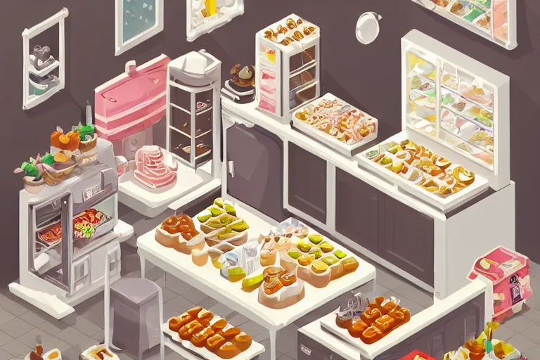 Prompt: cute bakery shop, refrigerator, sink, isometric game art, white furniture, bright, artstation, highly detailed, cinematic lighting + masterpiece