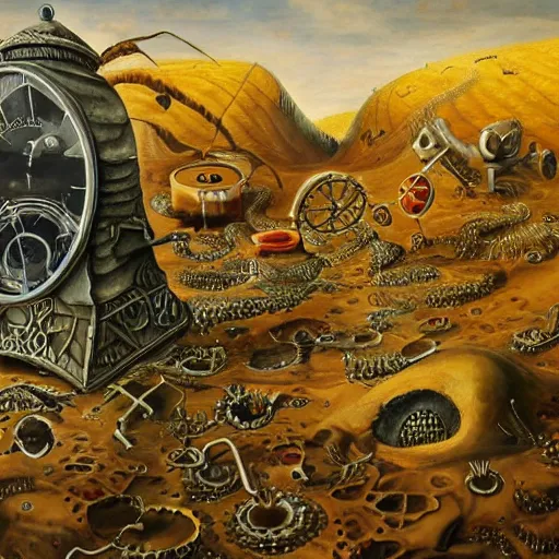 Image similar to surrealist landscape, clock melting, ant city, painting, highly detailed