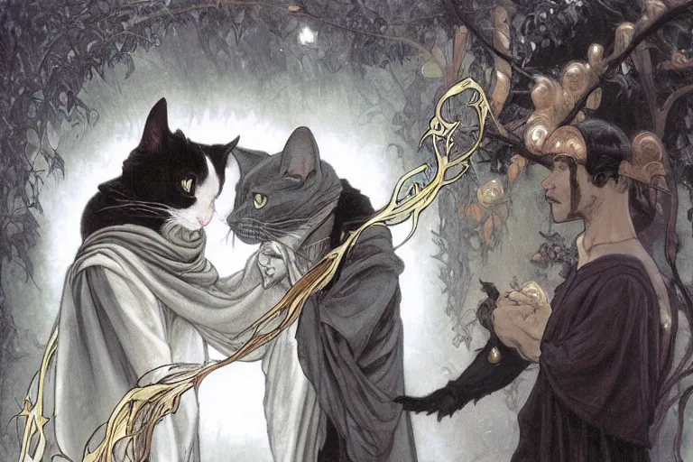 Prompt: an anthropomorphic black and white cat wearing long flowing robes teaches his apprentice a new magical spell in front of a magical gateway to another universe, illustration by Boris Vallejo, rutkowski, thomas kindkade, alphonse mucha, loish, norman rockwell, artstation, furaffinity