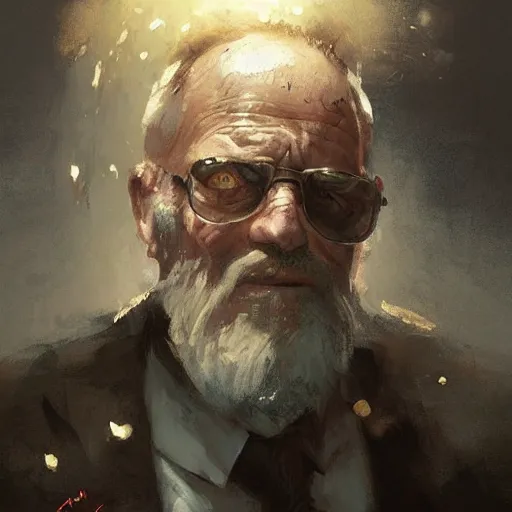 Image similar to old man portrait, throwing hand grenade, greg rutkowski art