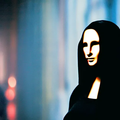 Image similar to cinematic movie still of cybernetic character named Mona Lisa in The Matrix, futuristic eye implant, cyberpunk, XF IQ4, 150MP, 50mm, F1.4, ISO 200, 1/160s, twilight in the city