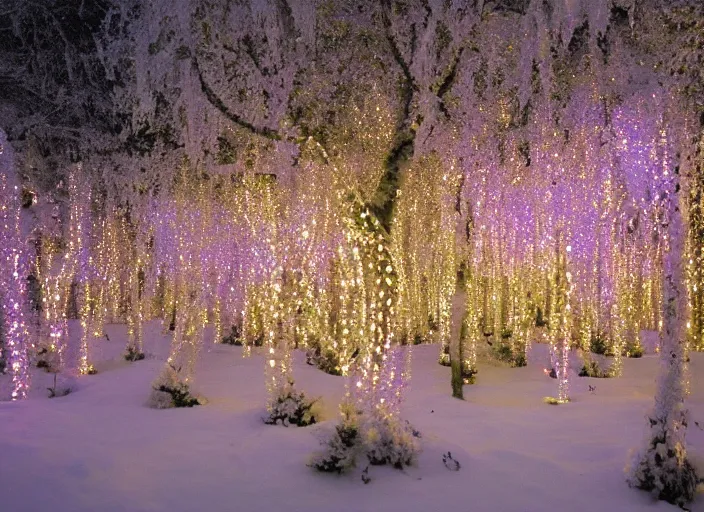 Image similar to a magical forest with crystal flowers that glow in the dusk,