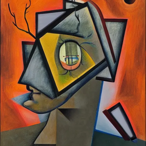 Prompt: a painting of a man's face with a tree growing out of it, a cubist painting by francis bacon, behance contest winner, deconstructivism, dystopian art, cubism, oil on canvas