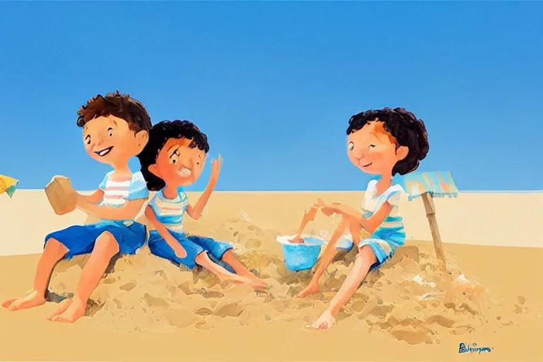 Prompt: Two happy children sitting on the beach making sandcastles, blue sky, HD, concept art, illustration by Benji Davies
