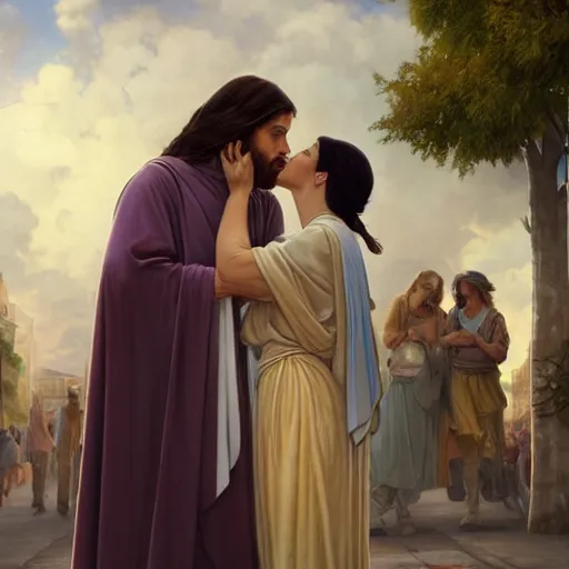 Image similar to jesus kissing a woman in a street, elegant, highly detailed, digital painting, artstation, concept art, matte, sharp focus, highly detailed, 4 k, hdr, smooth, sharp focus, high resolution, award - winning photo, photorealistic, art by artgerm and greg rutkowski and alphonse mucha, large shot