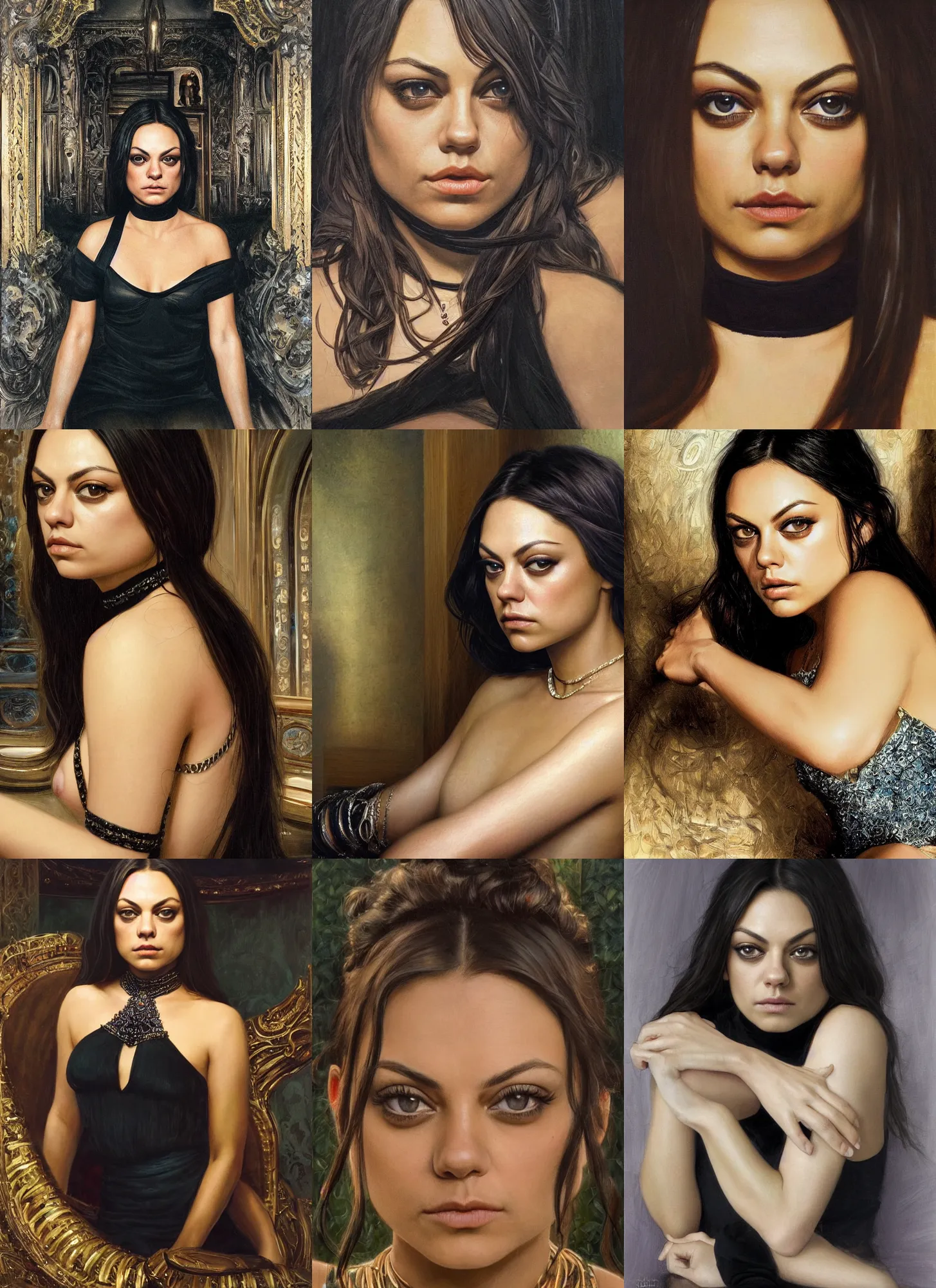 Image similar to mila kunis sitting across the camera wearing a black choker staring into the camera, point of view, expensive restaurant, intricate, elegance, highly detailed, shallow depth of field, artgerm, donato giancola, joseph christian leyendecker