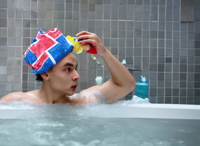 Image similar to frank dillane taking a bubble bath, bubbles!!, shy, awkward, cute, shower cap, rubber ducky, union jack towel, detailed, masterpiece