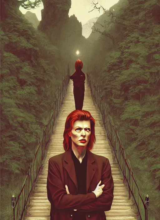 Image similar to twin peaks poster art, david bowie trapped at the gates, old retro pulp, by michael whelan, rossetti bouguereau, artgerm, retro, nostalgic, old fashioned