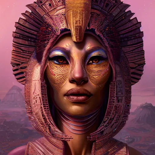 Image similar to highly detailed portrait of sekhmet the egyptian goddess, intricate alien technology, stephen bliss, unreal engine, fantasy art by greg rutkowski, loish, rhads, ferdinand knab, makoto shinkai and lois van baarle, ilya kuvshinov, rossdraws, tom bagshaw, global illumination, radiant light, detailed and intricate environment