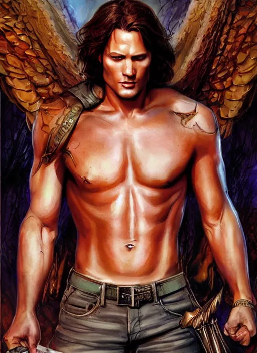 Image similar to handsome Sam Winchester as a muscular angel handcuffed, urban fantasy romance book cover, D&D!, fantasy style, sharp focus!, ultra detailed, art by Artgerm and Peter Andrew Jones, WLUP