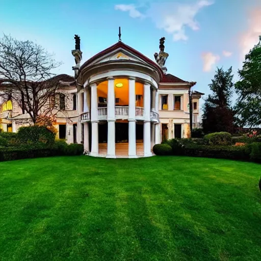 Prompt: <picture quality=hd+ mode='attention grabbing'>A beautiful mansion with a garden and pillars</picture>