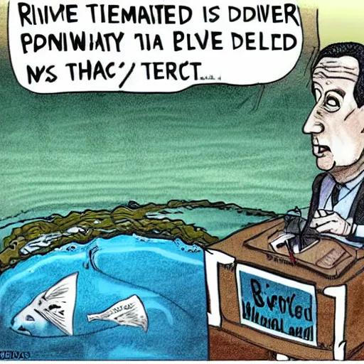 Prompt: a river swallowed by a politician, political cartoon