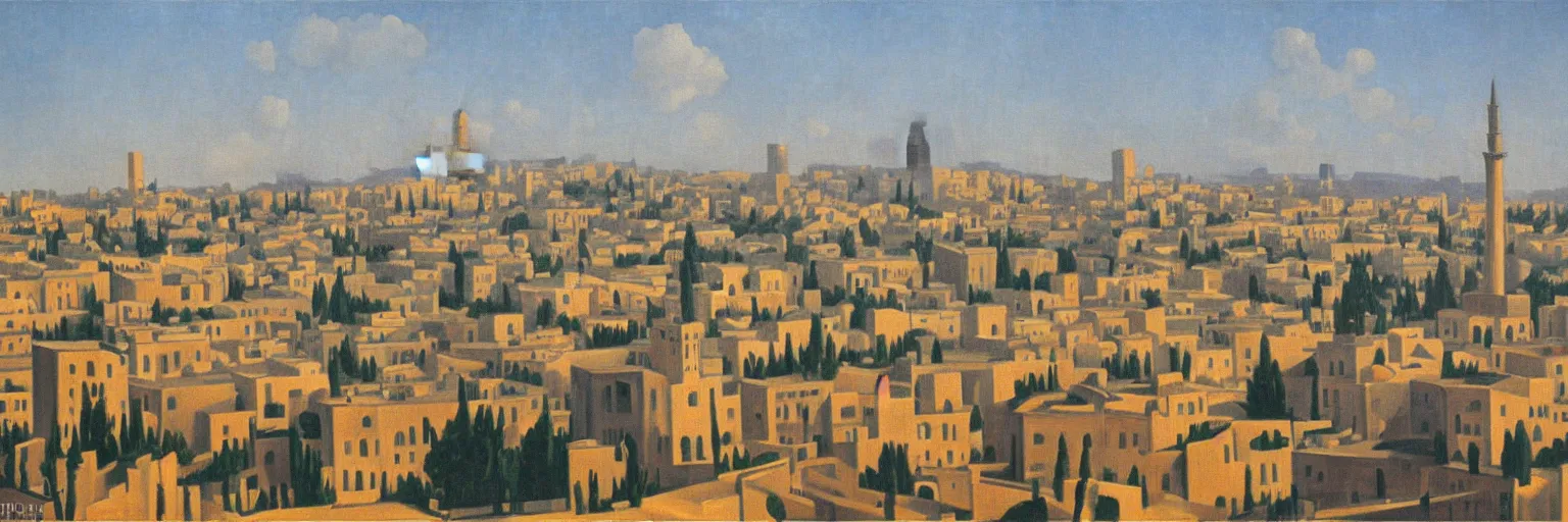 Prompt: jerusalem cityscape oil painting magritte