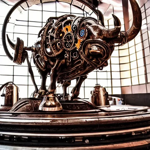 Prompt: a clockwork mechanical bull there are gears sticking out of the bull steam emanates from the bull and swirls around it , ultra high detail, high particle effects, highly reflective surface, realistic reflections