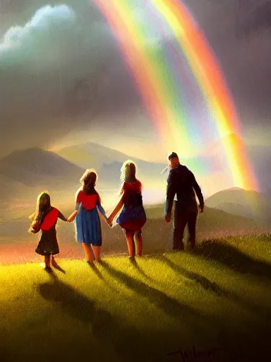 Prompt: dad. mom. kids. a happy familly looking at a distant rainbow. green valley horizon. a village. intricate, elegant, highly detailed, digital painting, artstation, concept art, sharp focus, illustration, by justin gerard and artgerm, 8 k