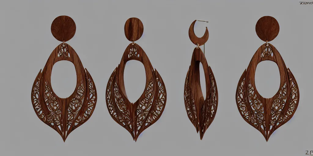 Image similar to earring design, jewelry design, wood, nordic, art deco, intricate, elegant, material, product design, trending on artstation, cgsociety, photo realistic, design by ziva cph and isabel lennse and kalevala, 8 k, unreal engine, c 4 d