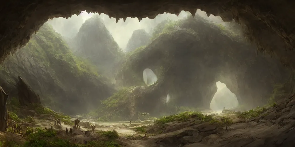 Prompt: a beautiful matte painting of a ungle cave entrance in the shape of a dinosaur skull, by Christophe Vacher and Bastien Lecouffe-Deharme, trending on artstation, vivid color scheme,highly detailed,v-ray render,photorealistic,4k render