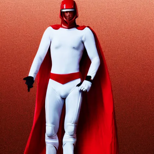 Image similar to portrait of a tall athletic muscular infantry man in glossy sleek white armor with tiny red details and a long red cape, heroic posture, on the surface of mars, night time, dramatic lighting, cinematic, sci-fi, hyperrealistic, movie still