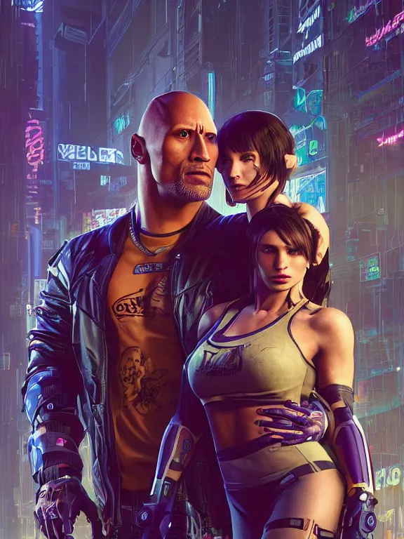 Image similar to a cyberpunk 2077 couple portrait of Dwayne Johnson holding a female android,complex mess of cables and wires behind them connected to giant computer,film lighting,by laurie greasley,Lawrence Alma-Tadema,William Morris,Dan Mumford, trending on atrstation,full of color,face enhance,sharp focus, highly detailed,8K, octane,golden ratio,cinematic lighting