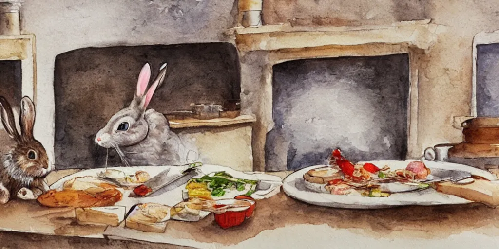 Image similar to a rabbit cooking food inside a french cozy kitchen, realistic watercolour