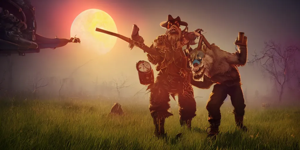 Image similar to lumberjack wearing a steampunk and neonpunk mechanical fluorescent mystical animal mask in strange misty estuary landscape fight with werewolf, night, realism in style of fornite game, 4 k, octane render, award winning photograph, epic cinematic shot, perfectly defined features, ambient occlusion