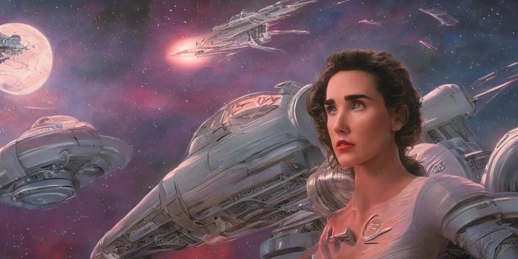 Image similar to Jennifer connelly as a stunning , beautiful retro SCI-FI space heroine 1985 , star ship taking off in the background on the left side , movie poster, intricate, elegant, highly detailed, centered, digital painting, trending on artstation, concept art, smooth, sharp focus, illustration, art by illustration, Unreal Engine 5, 8K, art by artgerm and greg rutkowski and alphonse mucha WLOP