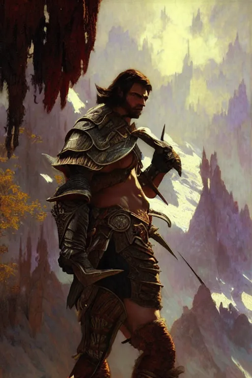 Prompt: attractive man, skyrim, cool colors, painting by gaston bussiere, craig mullins, greg rutkowski, alphonse mucha