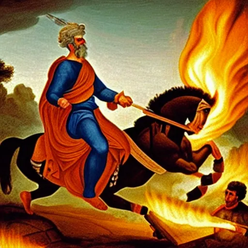 Prompt: painting of yair lapid holding a flaming torch and riding a white mule at the gates of jerusalem, in the style of michaelangelo, intricate, high detail