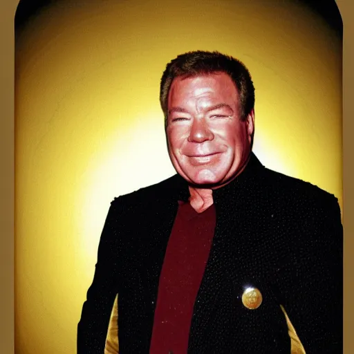 Image similar to william shatner wearing a gold shirt with black collar, digitla art