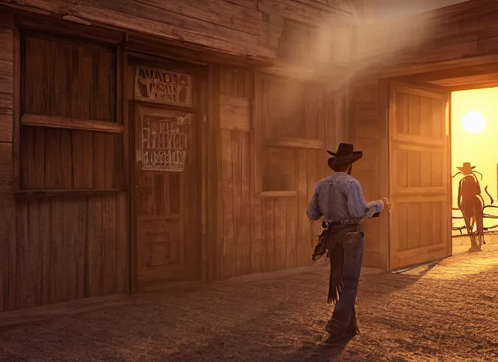 Image similar to an old cowboy walking through the door of a saloon, wild west, sunset, desert, dusty, sunbeams. digital illustration, colors, soft lighting, adventurous, atmospheric lighting, 8K, octane render. By Makoto Shinkai, Stanley Artgerm Lau, WLOP, Rossdraws, James Jean, Andrei Riabovitchev, Marc Simonetti, krenz cushart, Sakimichan, D&D trending on ArtStation, digital art.