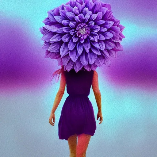 Image similar to portrait, giant purple dahlia flower head, woman running at orange beach, surreal photography, sunrise, blue sky, dramatic light, impressionist painting, digital painting, artstation, simon stalenhag