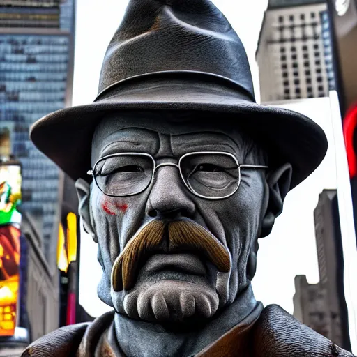 Image similar to a long shot of a very detailed renaissance sculpture of walter white in a hat standing in times square, made by michelangelo, hyper detailed, sharp focus, 8 k resolution